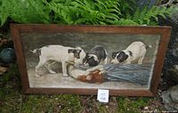 Front view of the framed chromolithograph showing the scene with four Jack Russell puppies and the oak frame.