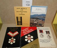 Four books and one booklet about Canadian military medals and decorations, including War Medals and Decorations of Canada, Militaria 84 program, and others.