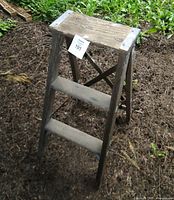 Wooden step ladder standing outdoors on bare soil with some greenery in the background, showing front and side views with visible wear and metal reinforcements.