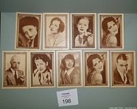 Set of 10 sepia-tone promotional fan photos of silent film stars from the 1920s and 1930s arranged in two rows on a blue background. Each photo is approx. 4 x 5 1/2 inches.