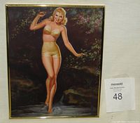 Frontal image of framed vintage pin-up girl print with a smiling blonde woman in a gold bikini standing outdoors among greenery.
