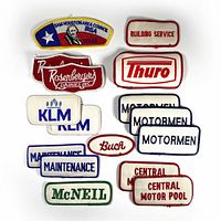 16 vintage embroidered shirt patches arranged showcasing different company logos and service names.