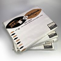 Four unopened cream white Simpson's Hallmark Tex-made vintage double bed sheets stacked, showing front and side packaging with product details and vintage labels.