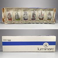 Set of six new vintage Luminarc highball glasses in original box showing sailing ship graphics on each glass