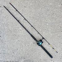 Full view of Mitchell 178 two-piece fishing rod and Shimano TR 200-G Triton reel with fishing line laid out on concrete surface.