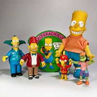 Full lot of six items showing Bart Simpson vinyl doll, Underachiever pinback, and four action figures including Krusty the Clown and others