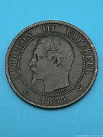 Obverse side of the 1855 French 10 Centimes coin showing Napoleon III left-facing bust with inscriptions and year.