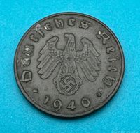 Obverse side of 1940 Germany 10 Pfennig coin showing the German eagle holding a swastika, surrounded by the text "Deutsches Reich" and date "1940".