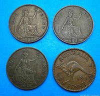 Four large penny coins laid in a square on a blue background: three British pennies (1933, 1934, 1946) showing Britannia, and one Australian penny (1943) showing a kangaroo.