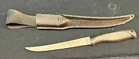 Fillet knife and sheath laid out to show full length and condition.