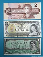 All three banknotes displayed front side together: 1986 $2 on top, 1973 $1 middle, 1967 $1 Centennial bottom.