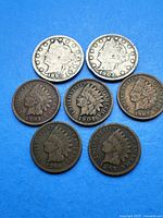 Top view of 7 early US coins including Indian Head cents and Liberty Head nickels, showing both obverse and reverse sides with various wear and condition.