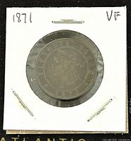 Obverse side of the 1871 Canadian Prince Edward Island large 1 cent bronze coin in VF condition, showing left-facing portrait and inscriptions including the date '1871'. Coin is mounted in a cardboard holder with a plastic window.
