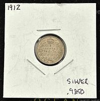 Front side of the 1912 Canadian 5 cents coin showing denomination and year with silver purity noted.