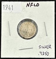 Front side of the 1941 Newfoundland 5 Cents silver coin, showing denomination and year with 'NEWFOUNDLAND' inscribed.