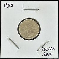 Obverse of the 1960 Canadian 10-cent silver coin showing the sailing ship (Silver 80% marked on holder)