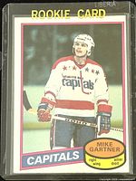 Front of 1980-81 O-Pee-Chee Mike Gartner Capitals rookie hockey card #195 showing player image and team branding.