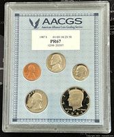 Front side of the five 1987S proof coins graded PR67 by AACGS showing the faces of Lincoln cent, Jefferson nickel, Roosevelt dime, Washington quarter, and Kennedy half dollar.