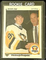 Front of 1990-91 Upper Deck Rookie Jaromir Jagr Penguins hockey trading card #356 displaying player image and draft logo.
