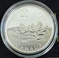 Obverse side of the Canadian $20 silver coin showing maple leaves design and inscriptions indicating silver purity and denomination.