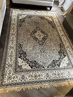 Top view of black and silver area carpet showing central medallion and ornamental border.
