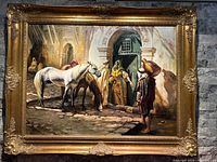 Complete view of the painting showing full scene and gold frame with intricate patterns.