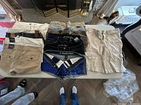 Overview of all twelve pairs of women's shorts laid out on a table, showing different styles and colors, including denim and khaki.