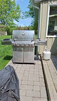 Full front view showing stainless steel grill, side shelves and one propane tank