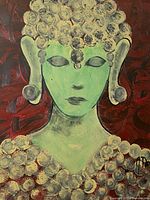 Close up view of the green female goddess/buddha figure with round curls, earrings, and textured shoulder decoration on dark red background. Shows brush stroke details and artist signature in lower right corner.