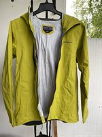 Front view of the green hooded Patagonia GORE-TEX jacket showing the interior lining and Patagonia logo on the chest.