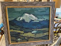 Front view of the framed mountain landscape oil painting showing full composition and frame detail