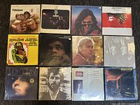 Full view of all 12 vinyl record covers laid out in a grid showing a mix of photographic and illustrated artwork.