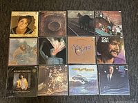 Top-down photo of all 12 vinyl record covers arranged in 3 rows and 4 columns on a grey carpet