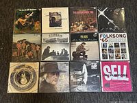 Top view of all 12 vinyl records arranged on wood surface, showing front covers with most album titles and imagery visible.