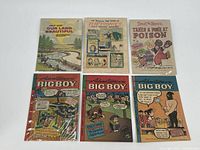 Photo of all 6 comic books laid out in two rows, three on top and three on bottom, showing their colorful front covers with cartoon illustrations.