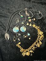 Single image showing the full collection including charm bracelet, necklaces, earrings, and rings spread out on a black fabric background.