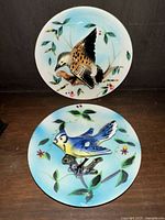 Full view of both plates showing the Flicker on a white-blue leafy background and the Blue Jay on a sky blue leafy background with 3D sculpted birds.