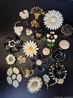 Overhead shot showing entire collection of 24 varied black, white, gold toned floral brooches arranged on black background.