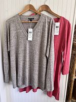 Both tops hanging together showing beige V-neck box-top in front and salmon pink V-neck tunic behind, both new with tags attached.