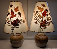 Front view of both lamps lit against gray background, showing bases and pressed floral shades