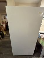 Front view of white Frigidaire upright freezer.