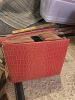 Closed view of the red faux crocodile skin textured record storage album containing vinyl records.