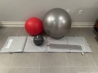 Lot with 2 Bosu balls (red and silver), black weighted 8 lb exercise ball, gray foldable floor mat with handles and stabilizing strap.
