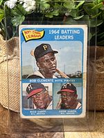 Front of the 1964 O-Pee-Chee National League Batting Leaders card showing Bob Clemente, Rico Carty, and Hank Aaron batting leader portraits.