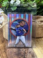 Front of 2019 Bowman Best Refractor Vladimir Guerrero Jr. rookie baseball card showing player in Blue Jays uniform with Franchise Favorites design.
