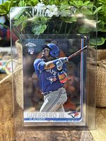 Front view of the 2019 Topps Chrome Vladimir Guerrero Jr. rookie baseball card in protective case.