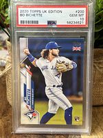 Front of the Bo Bichette rookie card showing player in Blue Jays uniform, UK Edition markings, and PSA GEM MT 10 grading.