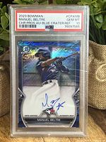 Front of 2023 Bowman Manuel Beltre Blue Crater autographed card graded PSA GEM MT 10 serial 104/150