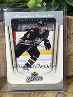 Front of 2005 Upper Deck MVP Alexander Ovechkin rookie card showing player in Capitals uniform with silver facsimile signature.