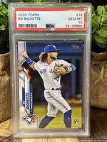 Front of the 2020 Topps Bo Bichette rookie card showing player image, team, and rookie logo inside PSA slab.